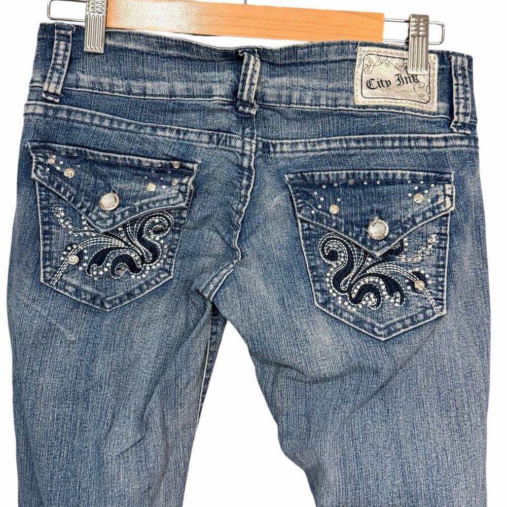 City Ink Studded Rhinestone Straight Leg Jeans Women's 7 Jrs Biker Rock Casual
